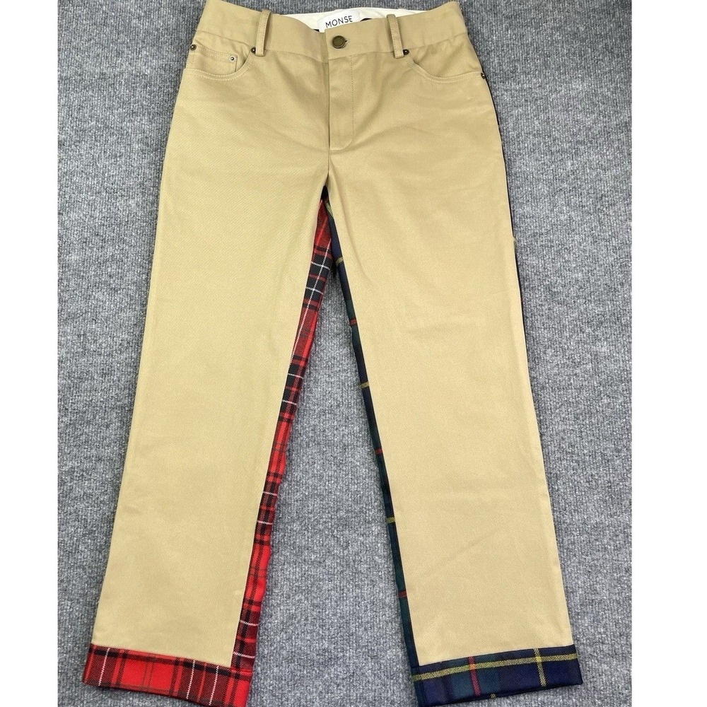 Monse Plaid Back Trousers Women's 2 Tan Red Navy Cotton Wool